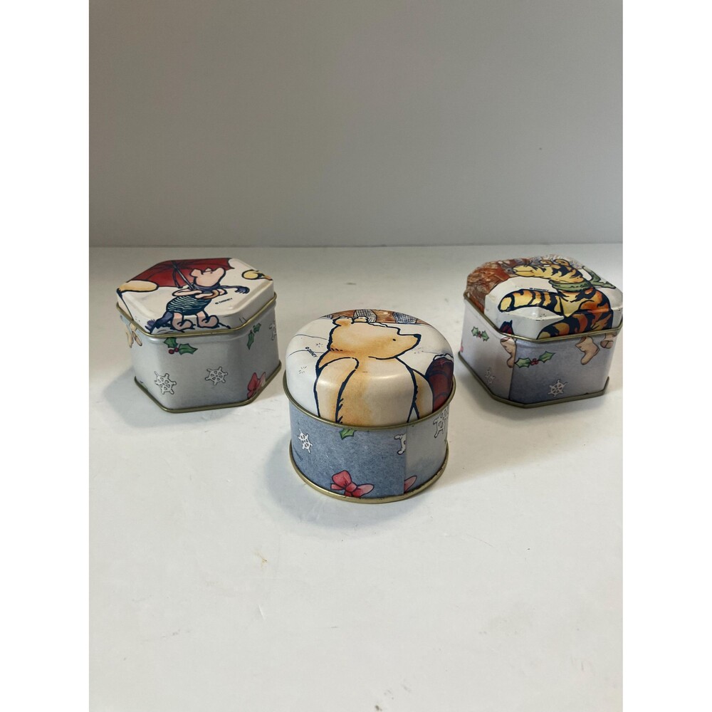 Vintage Disney Pooh Christmas Tins 3Mini Pooh Tigger Piglet Holiday Collectibles